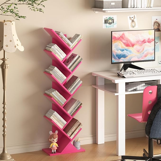 10 Tier Tree Book Shelf, Floor Standing Wood Bookshelf for Narrow Space, Storage Organizer Bookshelves for Books/CDs/Magazine, Bookcase with Shelves for Home Office, Living Room - Pink