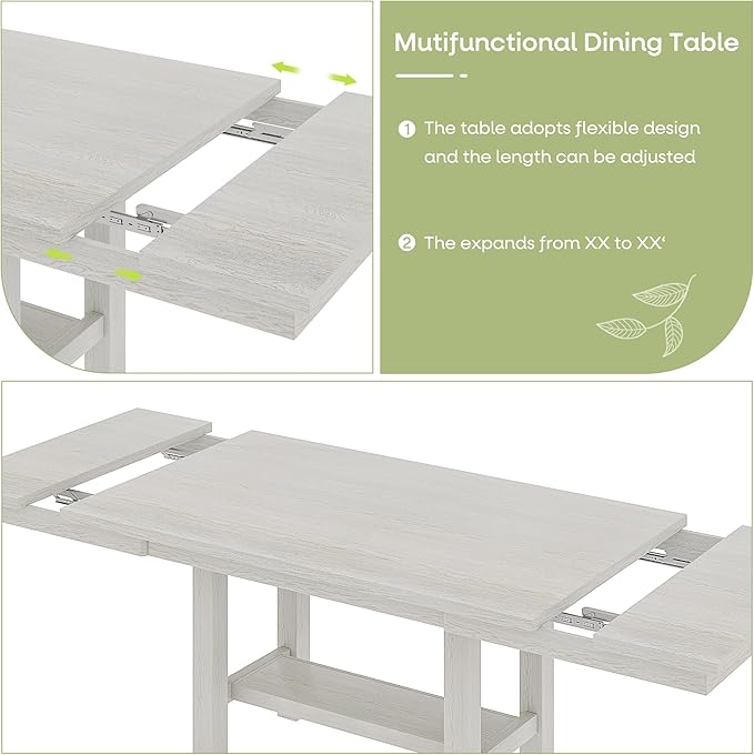 Solid Wood Extendable Farmhouse Dining Table for 4-6, Space-Saving Design for Home Kitchen and Dinner, Grey