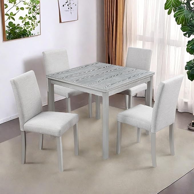 Dining Table Set for 4, 5-Piece Kitchen Table & Chairs Set with Versatile Square Table & 4 Upholstered Chairs, 34.5'' Dinner Set with Crystal Decorations & Wood Grain Design, Silver Gray