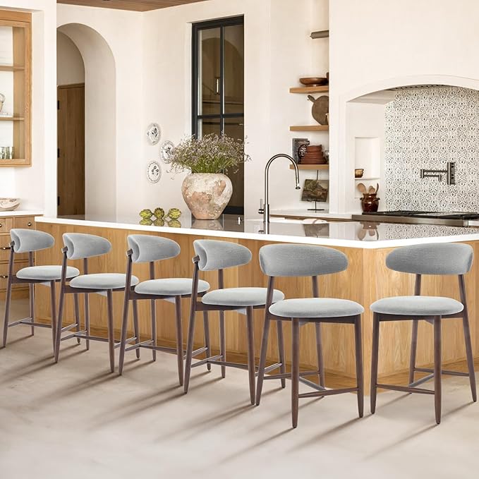 Upholstered Counter Height Bar Stools Set of 6, Kitchen Island Stools with Back, Modern Counter Barstools Bar Chairs with Wood Legs, Light Grey