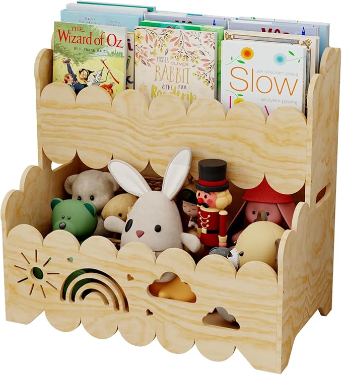 Wood 2-Tier kids bookshelf, Montessori Bookshelf, Suitable Kids Rooms, Nursery & Classroom, kids bookshelf and Toy Storage, Toddler Book Rack, Nursery Book Shelves
