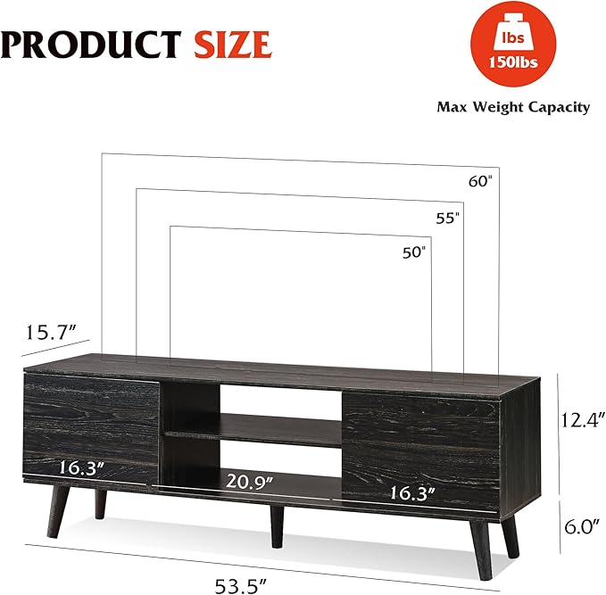 WLIVE TV Stand for 55 60 inch TV, Modern Entertainment Center with Storage Cabinets, Mid Century TV Console Table for Bedroom, TV Stand for Living Room, Charcoal Black
