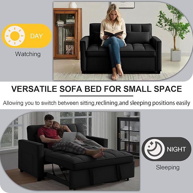 3 in1 Sofa Bed, Pull-Out Sleeper Sofa Bed with 3-Level Adjustable Backrest, Velvet Fabric Convertible Love Seat Sleepers Beds for Living Room & Bedroom & Apartment, Black