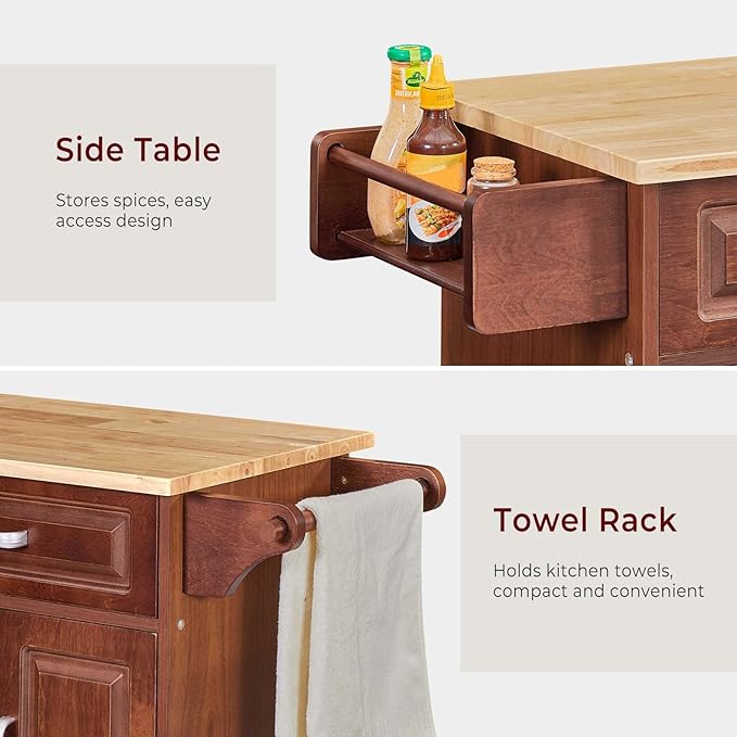 Walnut 54" Rolling Kitchen Island on Wheels, Large Kitchen Cart with Storage Cabinet, Portable Wood Island Table with 2 Drawers and Spice Rack & Towel Rack, Brown