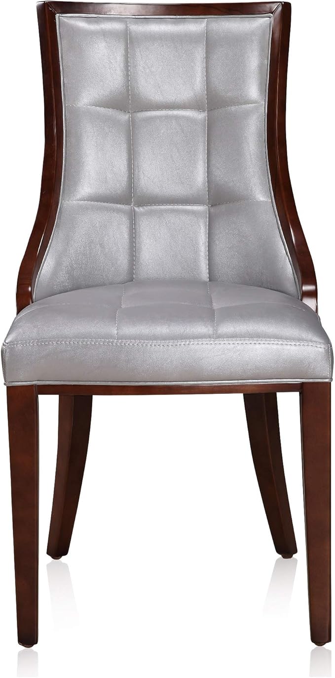 Manhattan Comfort Fifth Avenue Faux Leather Dining Chairs, Parsons Accent Furniture with Padded Wingback Seat, Fine Rectangular Stitching and Solid Beech Wood Frame, Set of 2, Silver