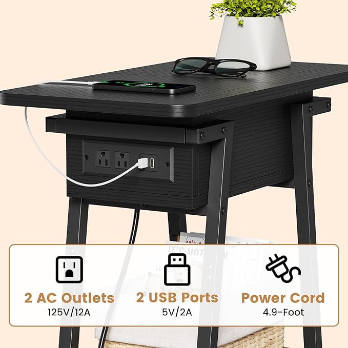 End Table with Charging Station, Flip Top Side Table with USB Ports and Outlets, Bedside Tables for Small Spaces,Nightstand with Storage Shelf for Living Room, Bedroom, Black