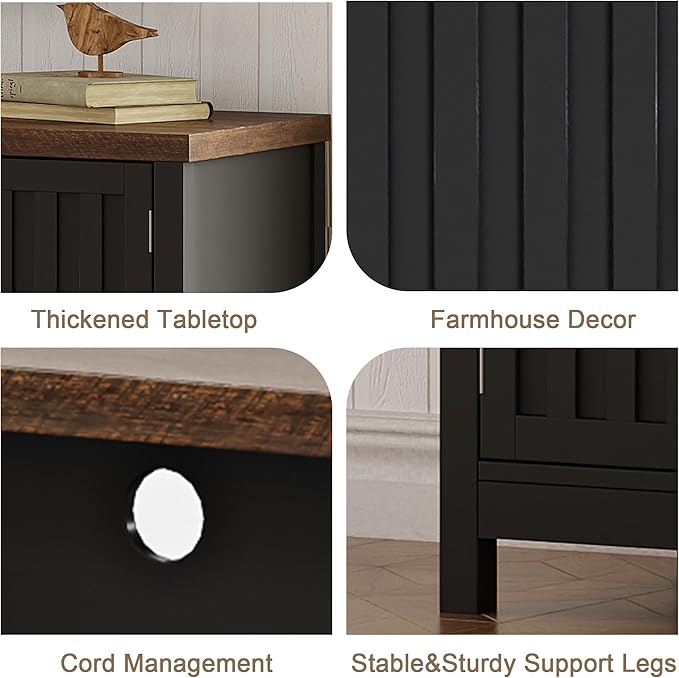 ChooChoo Farmhouse TV Stand for Televisions up to 65 inches, Entertainment Center Console Table Media Furniture with Storage Cabinets and Open Shelves, Fluted Door, for Living Room Bedroom, Black