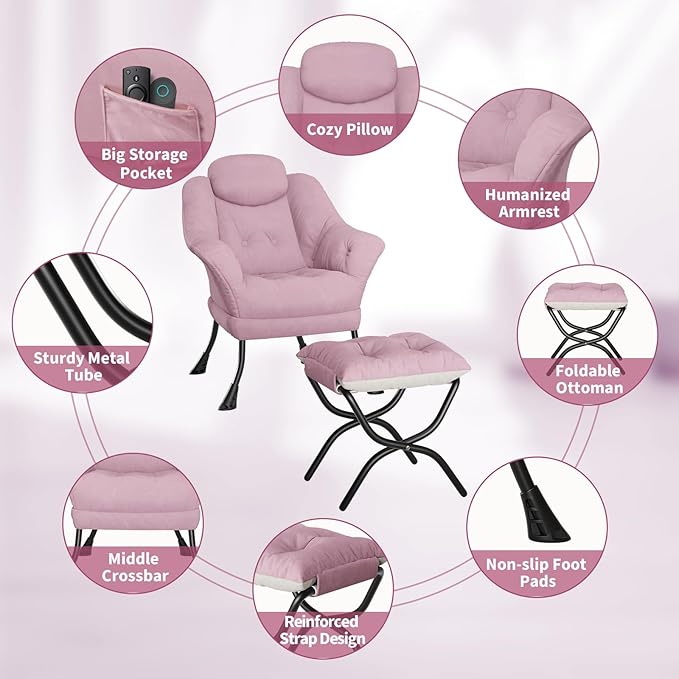 IDEALHOUSE Lazy Chair with Ottoman - Modern Living Room Chairs for Small Spaces, Ergonomic Reading Chair with Armrests, Comfy Chair with Ottoman for Bedroom & Living Room, Pink