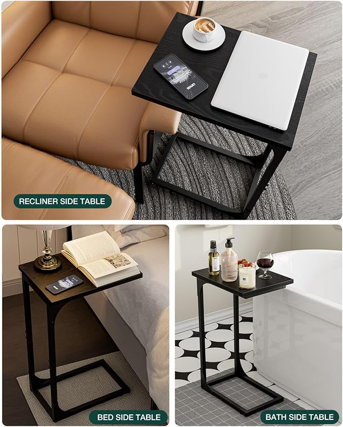 C-Shaped Side Table for Couch - Small Coffee Stand Sofa Tray Desk with Metal Frame and Waterproof Scratch Resistant, Modern End Accent for Living Room, Bedroom, Set of 2, Black