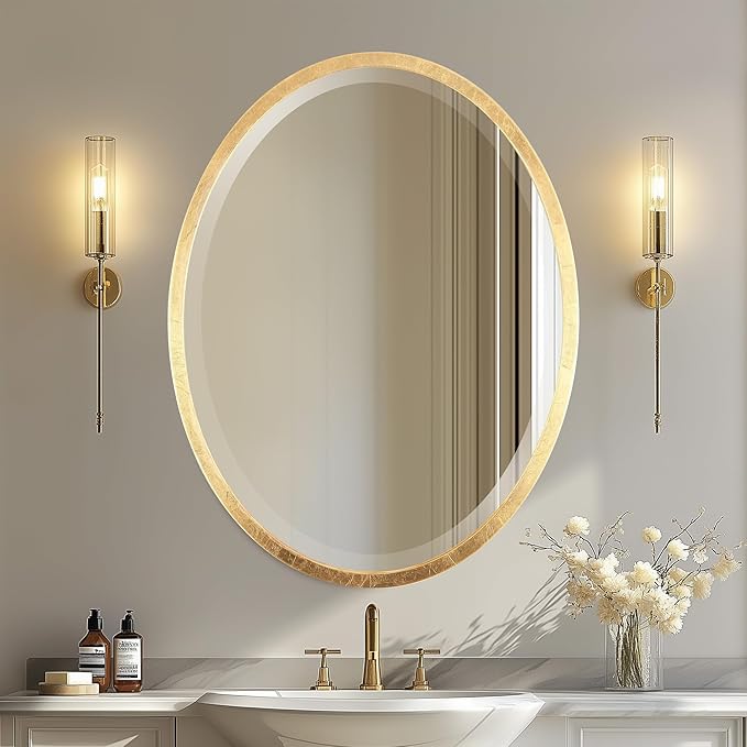 OVALCREST - Oval Wooden Beveled Wall Mirror for Home Decor, Bathroom, Vanity, Bedroom, Living Room, Hallway - London Style (Gold Leaf) 25.1 x 31.1