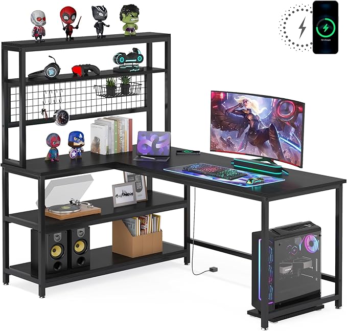 Tribesigns 55" Large Computer Desk with Wireless Charging 5 Storage Shelves, Office Desk Study Table Writing Desk Workstation with Hutch Bookshelf for Home Office (All Black)