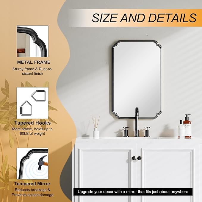22x34 Inch Black Bathroom Mirror, Metal Framed Wall Mirror with Rounded Edges, Rustproof Horizontal Vertical Hanging for Vanity Over Sink