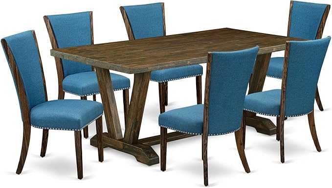 East West Furniture V777VE721-7 7 Piece Dining Room Table Set Consist of a Rectangle Dining Table with V-Legs and 6 Blue Color Linen Fabric Upholstered Chairs, 40x72 Inch, Multi-Color