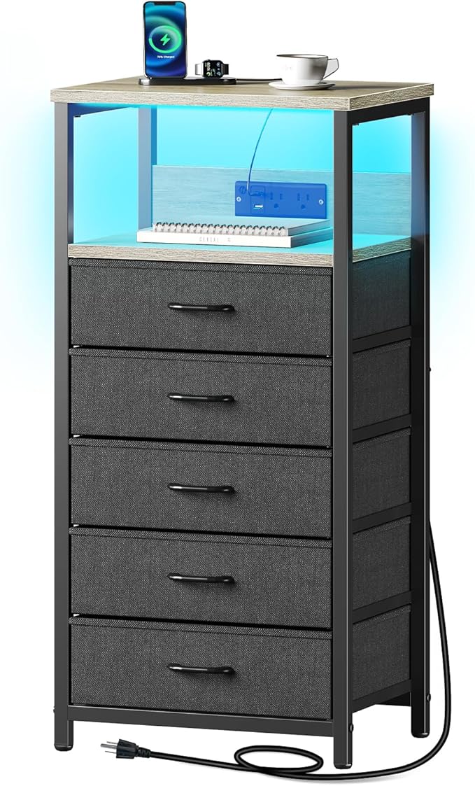 Seventable Night Stand with Charging Station, Tall Nightstand with 5 Fabric Storage Drawers, Side Table with LED Light for Bedroom, Entryway, Greige