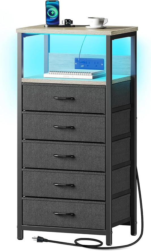 Seventable Night Stand with Charging Station, Tall Nightstand with 5 Fabric Storage Drawers, Side Table with LED Light for Bedroom, Entryway, Greige