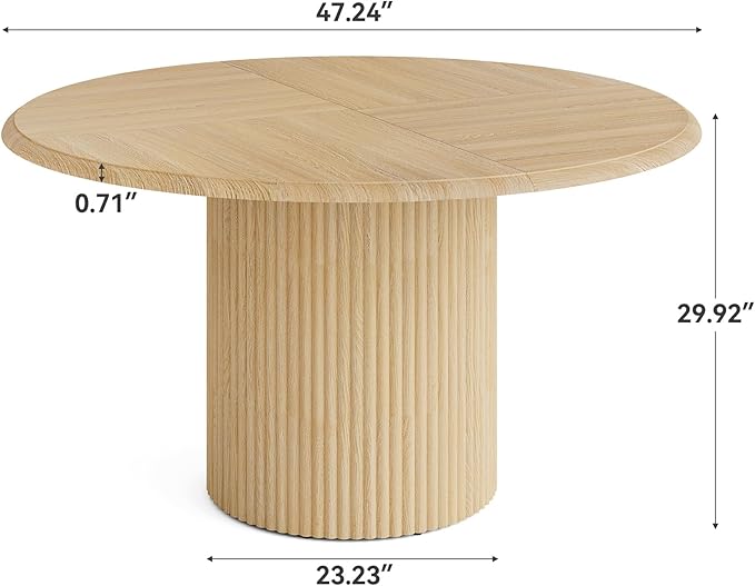 LITTLE TREE 47 Inches Round Dining Table for 4, Farmhouse Natural Wooden Dining Room Table with Fluted Pedestal, Large Circle Kitchen Dinner Table for Dining Room, Living Room (Table Only)