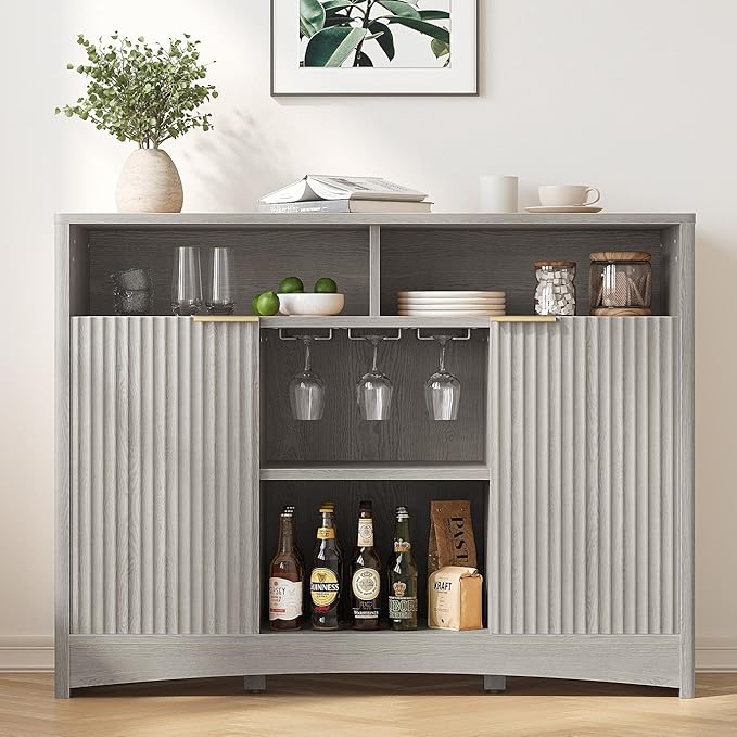 Marsail 47.2" Bar Cabinets with Storage, Modern Buffet Cabinet, Large Sideboard with 2 Fluted Panel Doors, Coffee Bar Cabinet with Adjustable Shelf and Glass Rack for Kitchen, Living Room, Grey