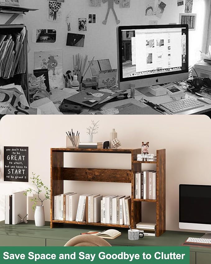 IBUYKE Desktop Bookshelf,36.8" Desktop Organizer Shelf,Wood Desk Hutch for Computer Monitor,Display Shelf for Office Home Dormitory,Brown TMZ008H