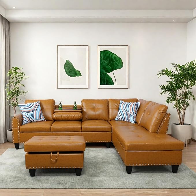 Modern Living Room Furniture Sets with Cup Holder, Modular Sectional Couches with Chaise Lounge, 4-Seaters L Shape Sofa with Storage Ottoman, for Living Room, Faux Leather, Ginger