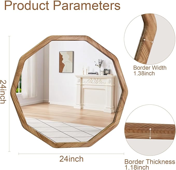 ULIKE Wood Mirror for Wall, 24 Inch Rustic Farmhouse Mirror with Wood Frame, Decorative Wall Mounted Vanity Mirrors for Bathroom Bedroom Living Room Entryway, Brown