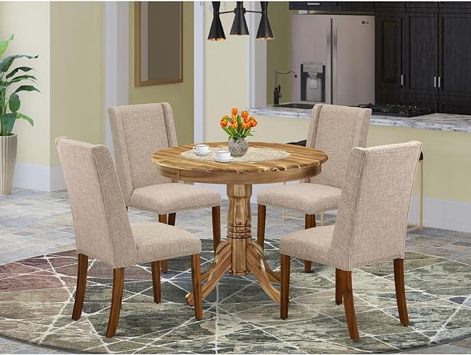 East West Furniture ANFL5-ANA-04 5 Piece Kitchen Table Set for 4 Includes a Round Dining Room Table with Pedestal and 4 Light Tan Linen Fabric Parson Dining Chairs, 36x36 Inch, Natural