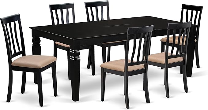 East West Furniture LGAN7-BLK-C 7 Piece Kitchen Table Set Consist of a Rectangle Dining Table with Butterfly Leaf and 6 Linen Fabric Dining Room Chairs, 42x84 Inch, Black