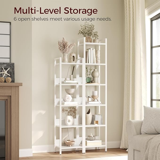 Bookshelf, 6-Tier Bookcase, Standing Book Shelf for Small Space, Storage Shelf Organizer, for Living Room, Bedroom, Study, Balcony, White BKBW6601