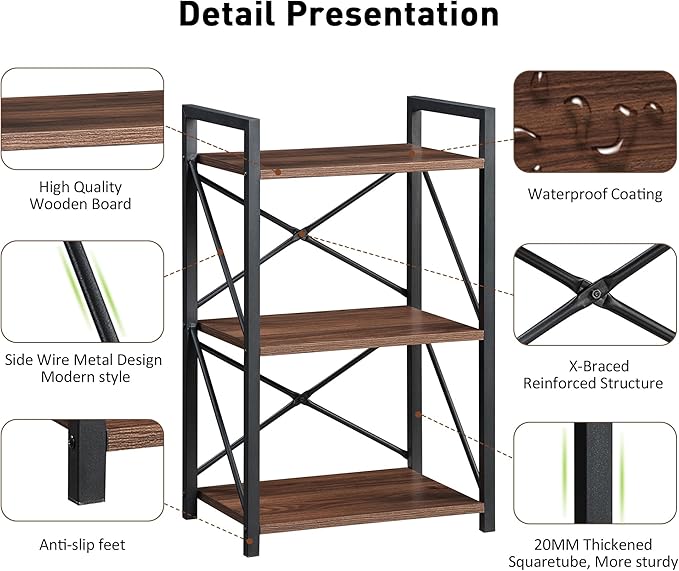 3 Tiers Bookshelf, Home Office Bookcase Shelf Storage Organizer for Bedroom, Living Room and Home Office, Walnut Brown(Small)