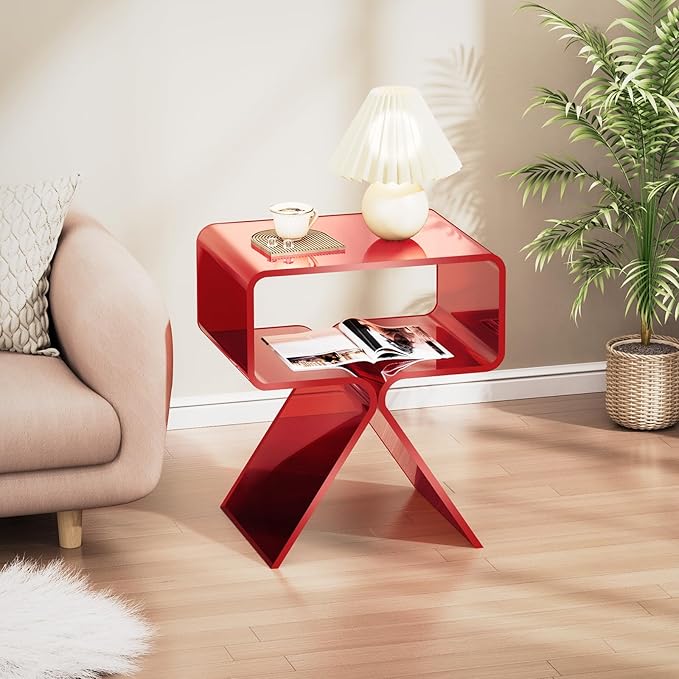 Acrylic Nightstand Side Table Modern Design Clear Home Decor Display End Table for Living Room (Red)