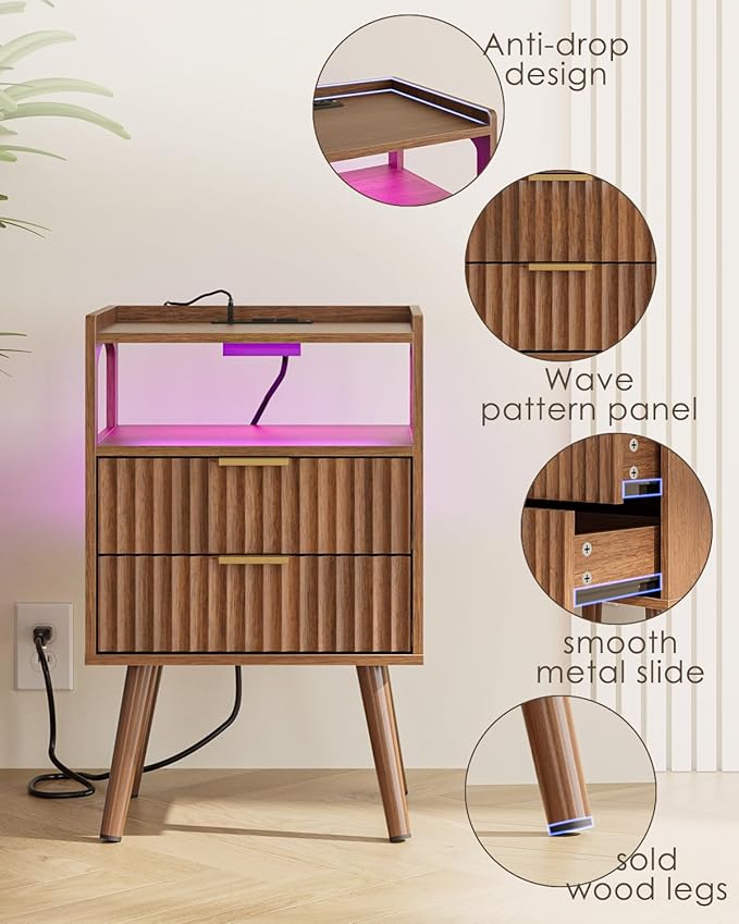 Nightstand with Charging Station and LED Lights,Modern Bedside Table with 2Drawer and Open Shelf,Walnut Night Stand with Solid Wood Legs,End Table for Living Room、Bedroom and Small Spaces