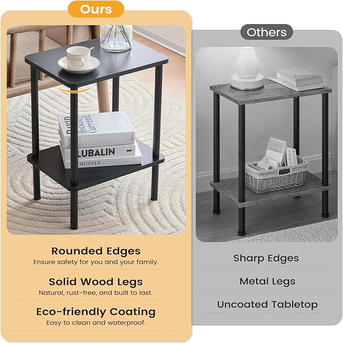 Apicizon 2 Tier End Table Set of 2, Small Side Table with Solid Wood Legs, Boho Bedside Table with Storage Shelf, Nightstand for Small Spaces, Bedroom, Living Room, Entryway, Easy Assembly, Black