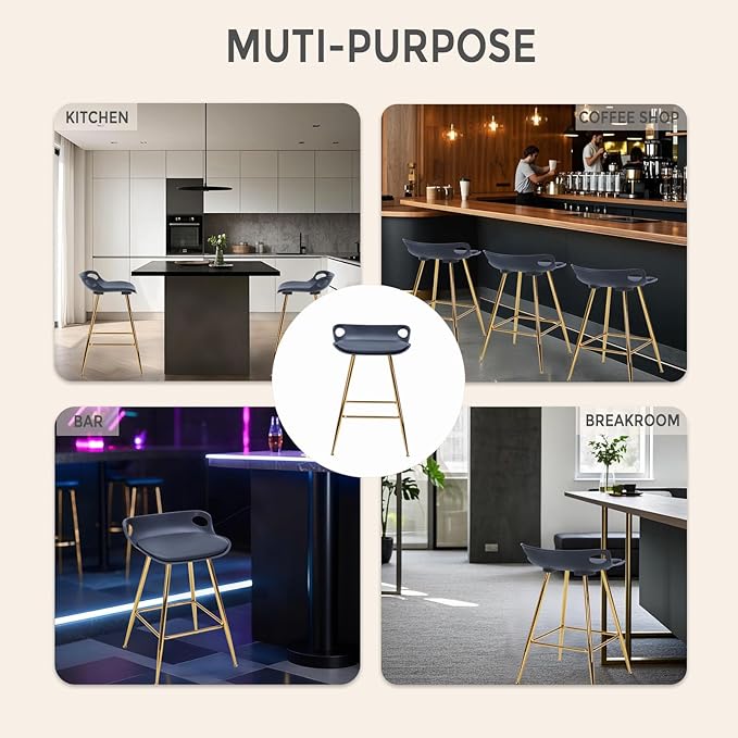 Sidanli Black Bar Stools, Barstool Set of 2, Counter Height Chairs with Gold Metal Legs, Island Chairs with Leather Cushion Seats & Footrests, 26” Bar Stools for Kitchen Island, Home Bar