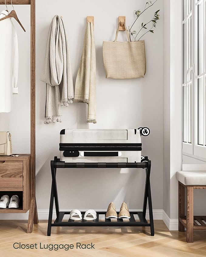 Fully Assembled Black Luggage Rack, Suitcase Stand with Shoe Shelf, Folding Wooden Luggage Stand for Guest Room, Bedroom, Hotel