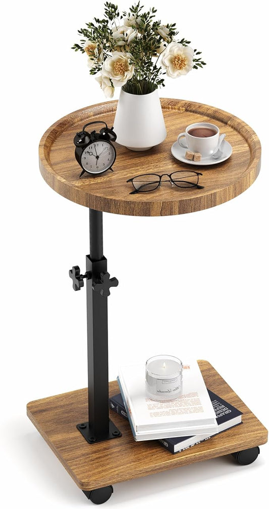 PPAMAPIC C Shaped End Table Adjustable Height, 360°Swivel TV Tray Table for Small Spaces, Side Table for Living Room, Couch Tables That Slide Under for Sofa Bed Chair