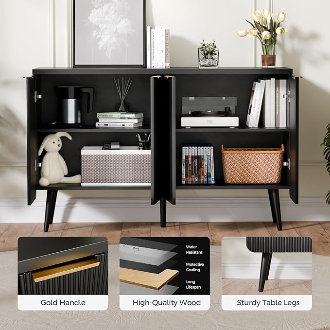 47.2" Buffet Cabinet with 4 Doors, Accent Sideboard Cabinet with Adjustable Shelf, Dining Room Sideboard with Waveform Panel, Credenzas for Living Room, Hallway, Black