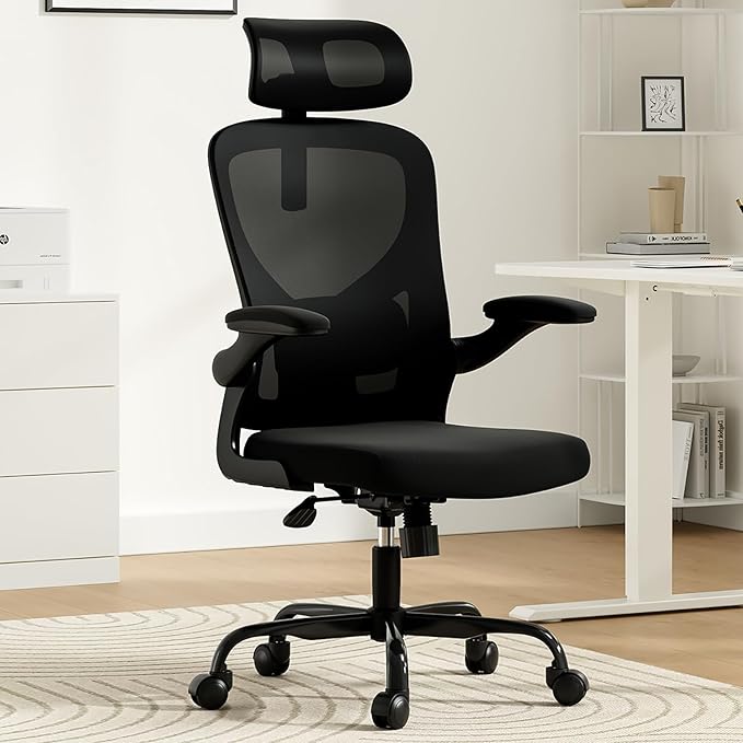 Ergonomic Office Chair, Comfy Home Office Chair High Back Computer Chair with Headrest, Adjustable Back Support, Flip-Up Arms, 90-120° Tilt and Wide Cushion, Up to 300lbs,Black