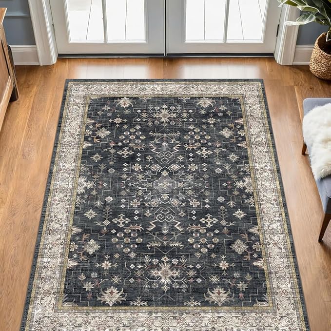Large 3x5 Entryway Rug Indoor - Washable Non-Slip Low Pile Ultra Soft Area Rug for Large Kitchen, Bedroom Bedside, Mudroom - Boho Modern Aesthetic Geometric Decor (3x5 Black/Multi)