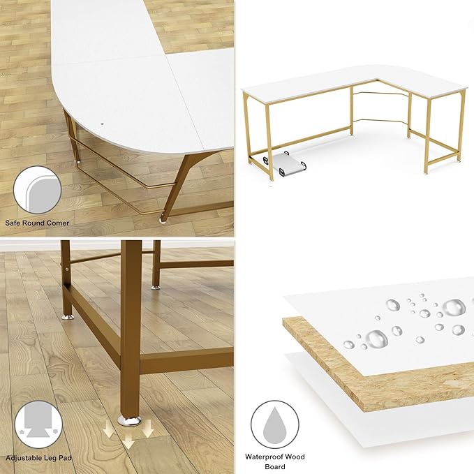 Teraves Reversible L Shaped Desk White - 57.9" Corner Gaming Computer Desk, Office Workstation Modern Home Study Writing Wooden Table