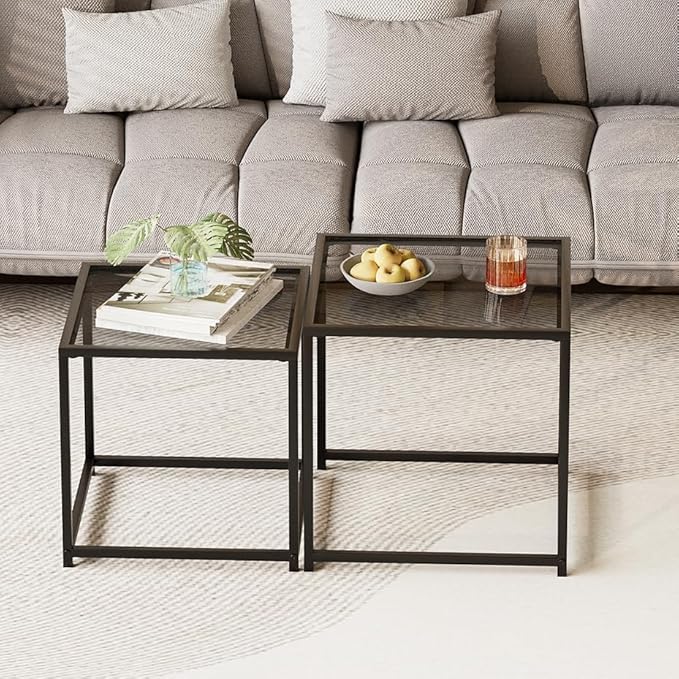 VILAWLENCE Coffee Table Set of 2, Modern Grey Patterned Glass Side Table, Metal Frame Square End Table, Center Tables Nesting Coffee Table for Living Room,Bedroom and Small Spaces