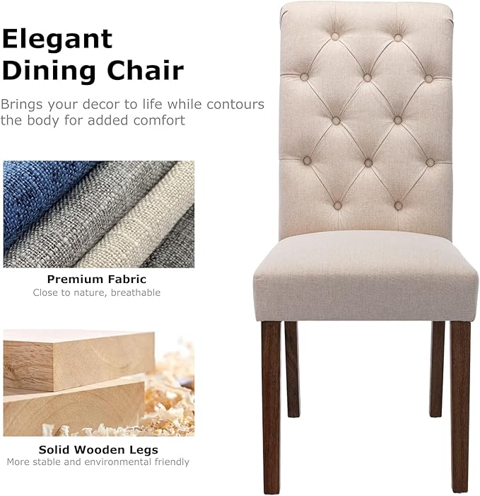 COLAMY Tufted Upholstered Dining Chairs Set of 2, Accent Parsons Chairs with Solid Wood Legs and Padded Seat, Beige