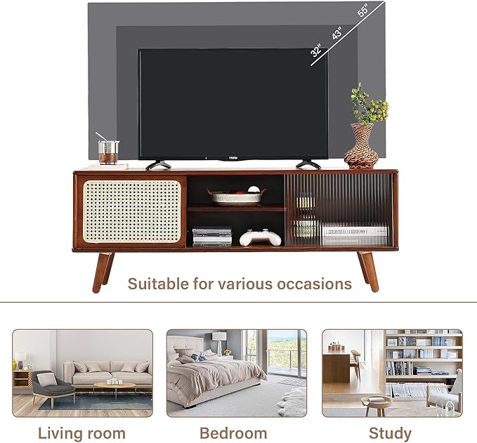 Tiita Rattan TV Stand for 55 Inch TV, Bamboo TV Cabinet with Adjustable Shelf and Storage, Boho Entertainment Center, Mid Century Modern Media Console for Bedroom, Living Room, Study, Walnut