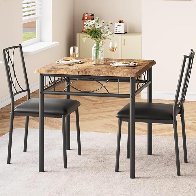IDEALHOUSE Dining Table Set for 2, Square 3 Piece Kitchen Room Sets with 2 Upholstered Chairs, Compact Dining Room Table Set for Apartment, Small Space, Retro Brown