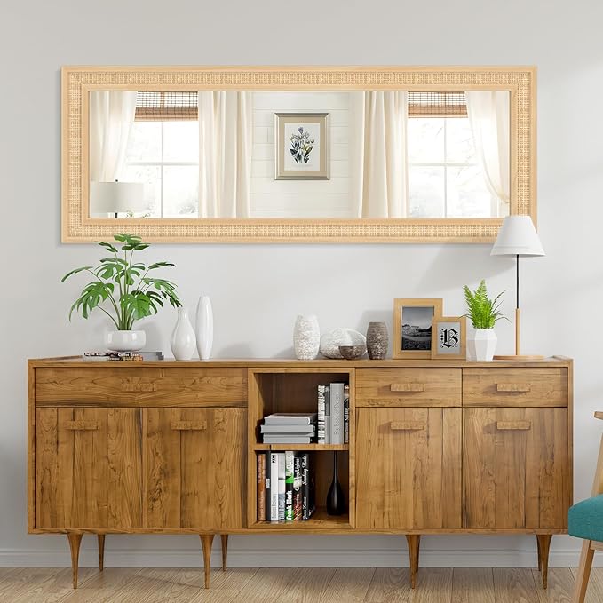 Rattan Wall Mirror with Wooden Framed 18 X 48 inch Farmhouse Rectangle Wood Mirror for Modern Decorative Bathroom, Living Room, Entryway, Bedroom