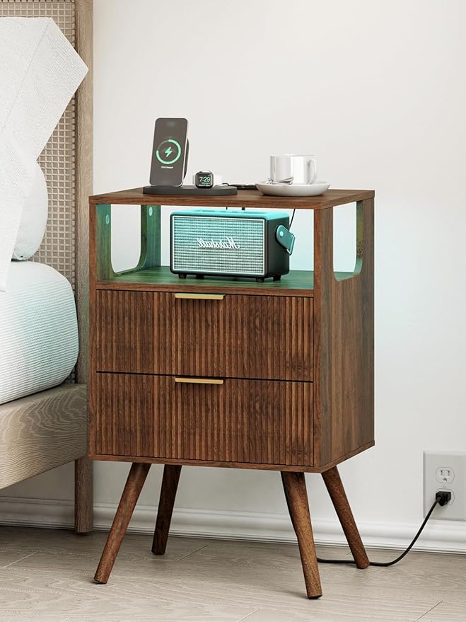 Nightstand, Modern Bedside Table with 2 Storage Drawer and Open Wood Shelf for Bedroom and Small Spaces, Night Stand with Solid Wood Legs (Walnut Brown-Outlet)