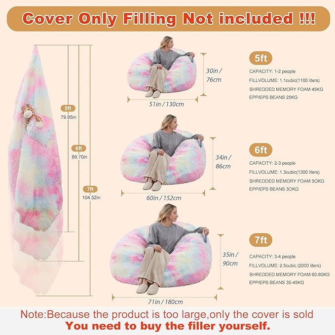 7FT Giant Fur Bean Bag Chair Cover, Ultra Soft Rainbow Bean Bag Chairs for Adults (No Filler, Cover only), Big Round Soft Fluffy Faux Fur Bean Bag Lazy Sofa Bed Cover, Washable Big Size Bean Bag Cover
