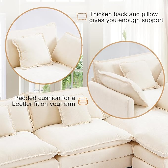 Furniliving Oversized Accent Chair with Ottoman, Luxury Chenille Single Sofa, Upholstered Deep Seat Chaise Lounge with Pillows for Living Room, Bedroom, Apartment, Beige