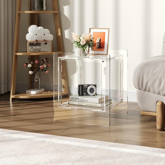 Acrylic End Table, Side Table Nightstand with Open Storage Shelf, 2-Tier Bedside Table Home Decor Display for Bedroom, Living Room, Office (1, Clear)