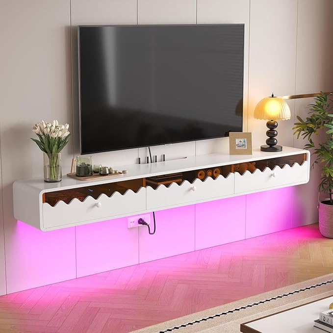 Floating TV Stand, 70IN Fully-Assembled Wall Mounted Wave Glass with Flip-Down Door & Drawers, Modern Media Entertainment Console Under TV Shelf for Livingroom