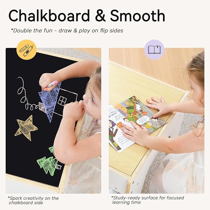 wingyz 4-in-1 Toddler Table and Chairs Set, Kids Play Tables with Storage, Wooden Sensory Tables with Dual-Sided Blocking Baseplate, Baby Activity Table with Chalkboard