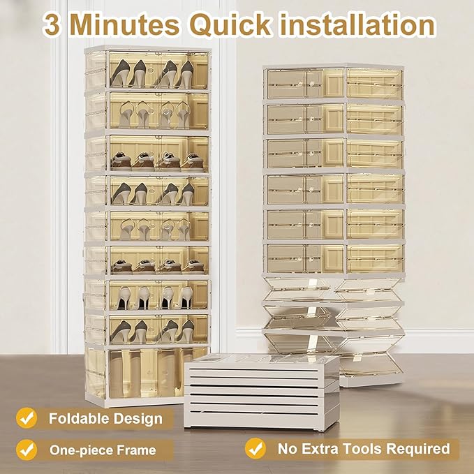 ELPHECO 9 Tier 18 Pairs Plastic Shoe Rack - Clear Foldable Shoe Organizer, Folding Entryway Shoe Cabinet, Collapsible Sneaker with Magnetic Doors, Stackable Shoe Shelf,Three-Sided Clear Shoe Box